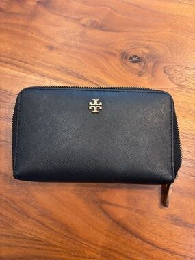 Tory Burch Black Zip-Around Saffiano Wallet with Gold Logo